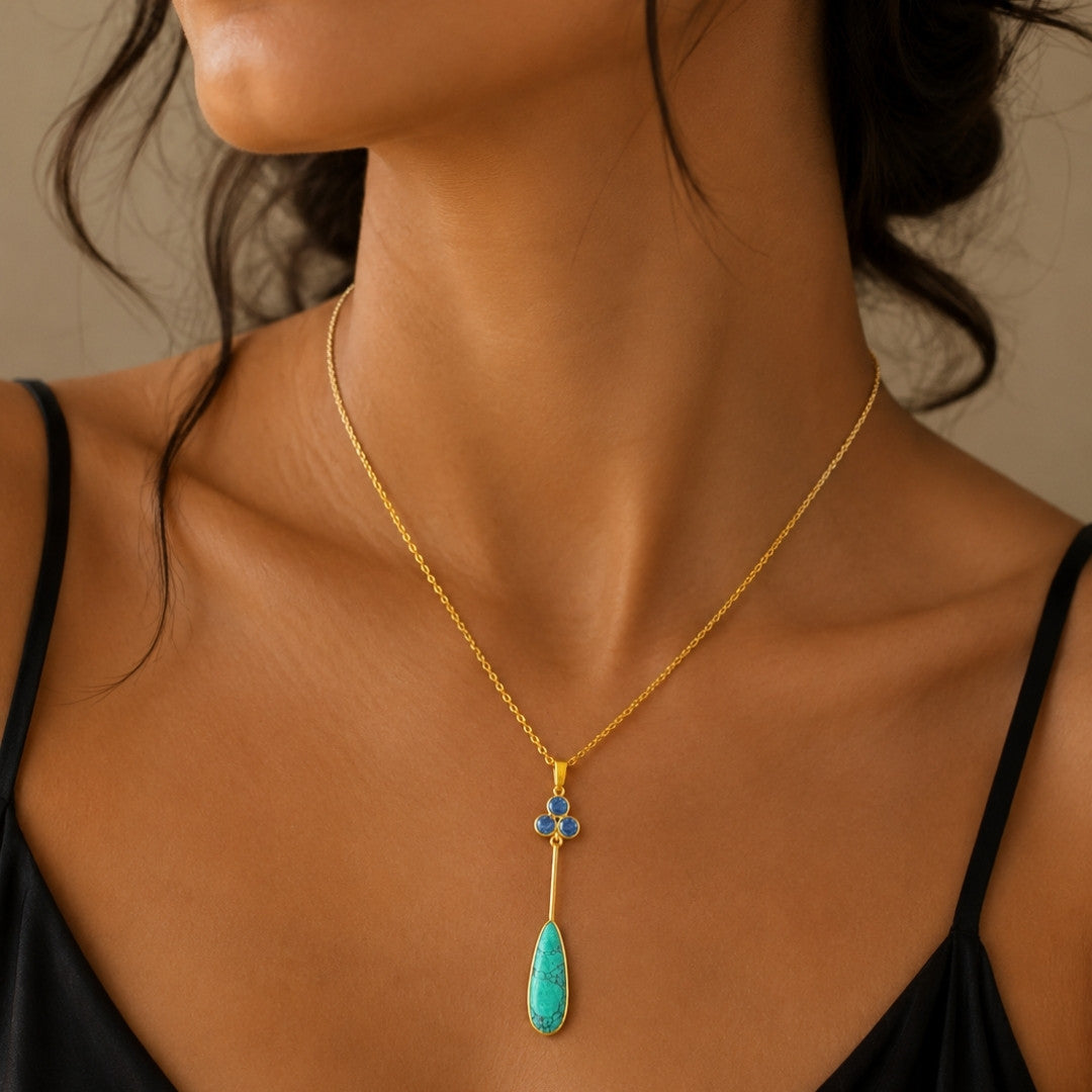 Gold-Tone Delicate Pendant Necklace with Blue Crystal Cluster and Turquoise Teardrop Stone