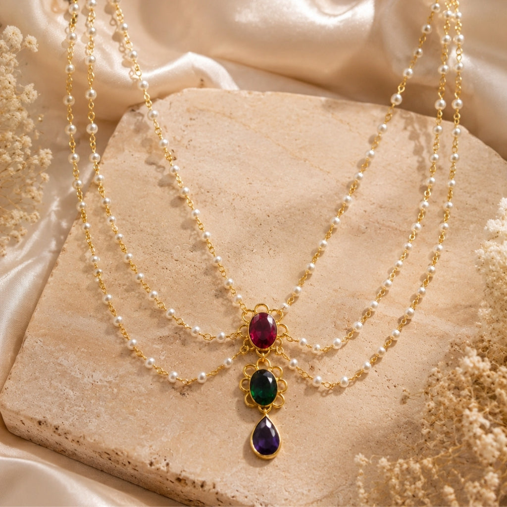 Elegant Multi-Layer Pearl Chain Necklace with Cascading Gemstone Pendant