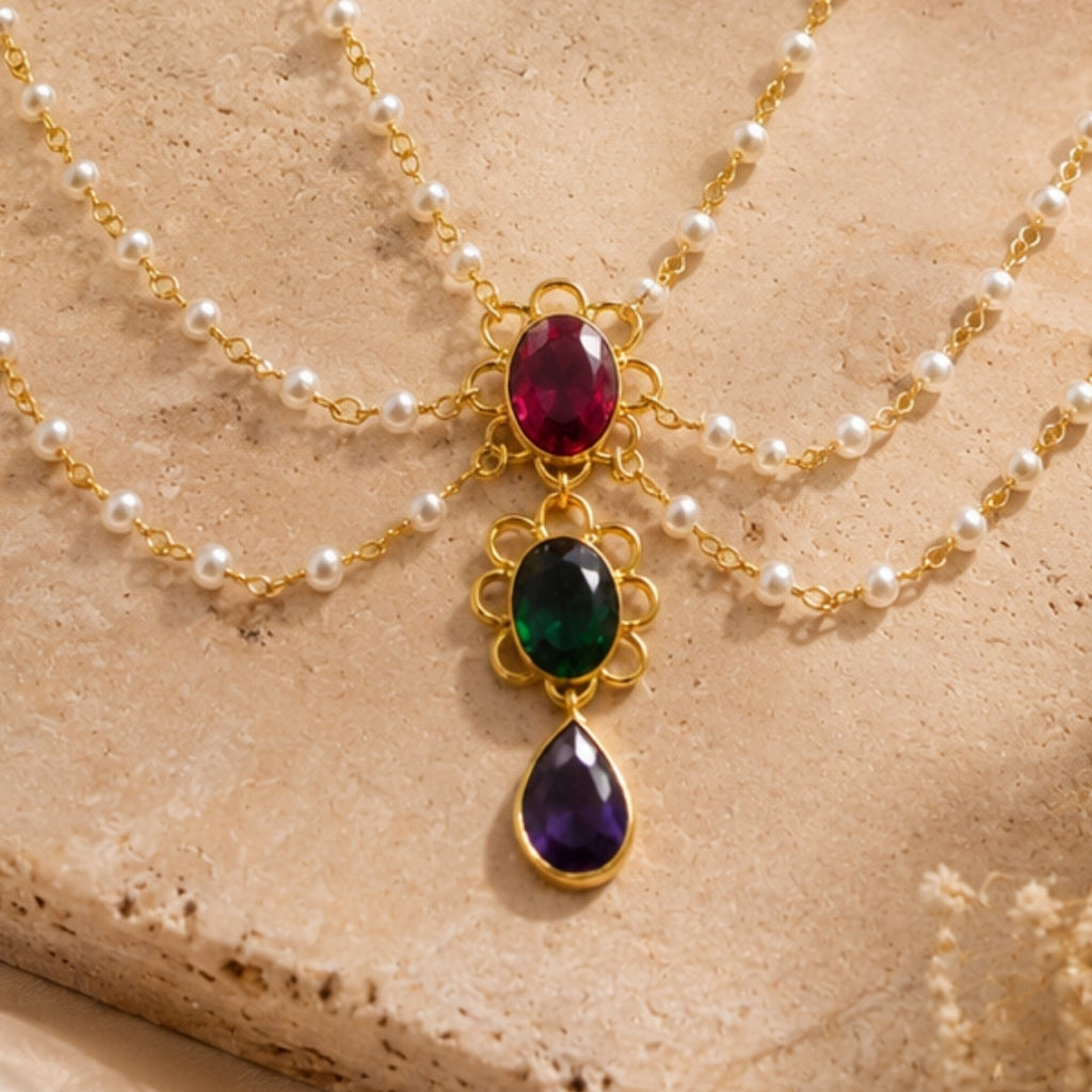 Elegant Multi-Layer Pearl Chain Necklace with Cascading Gemstone Pendant