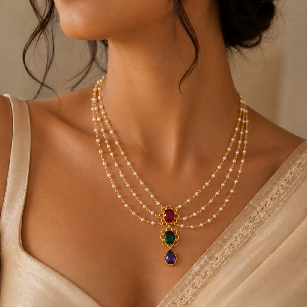 Elegant Multi-Layer Pearl Chain Necklace with Cascading Gemstone Pendant