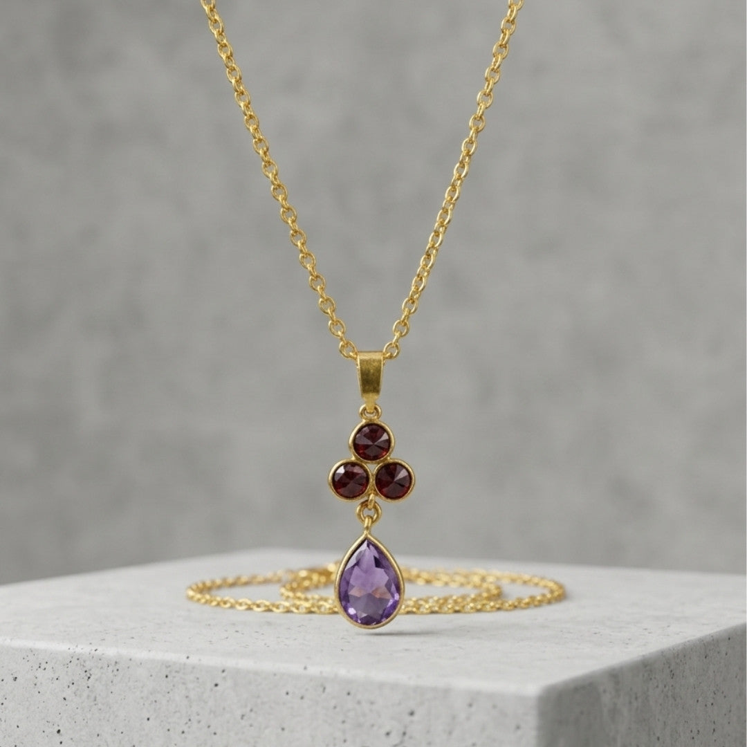 Gold-Tone Delicate Pendant Necklace with Deep Red Crystal Cluster and Amethyst-Hued Teardrop Stone