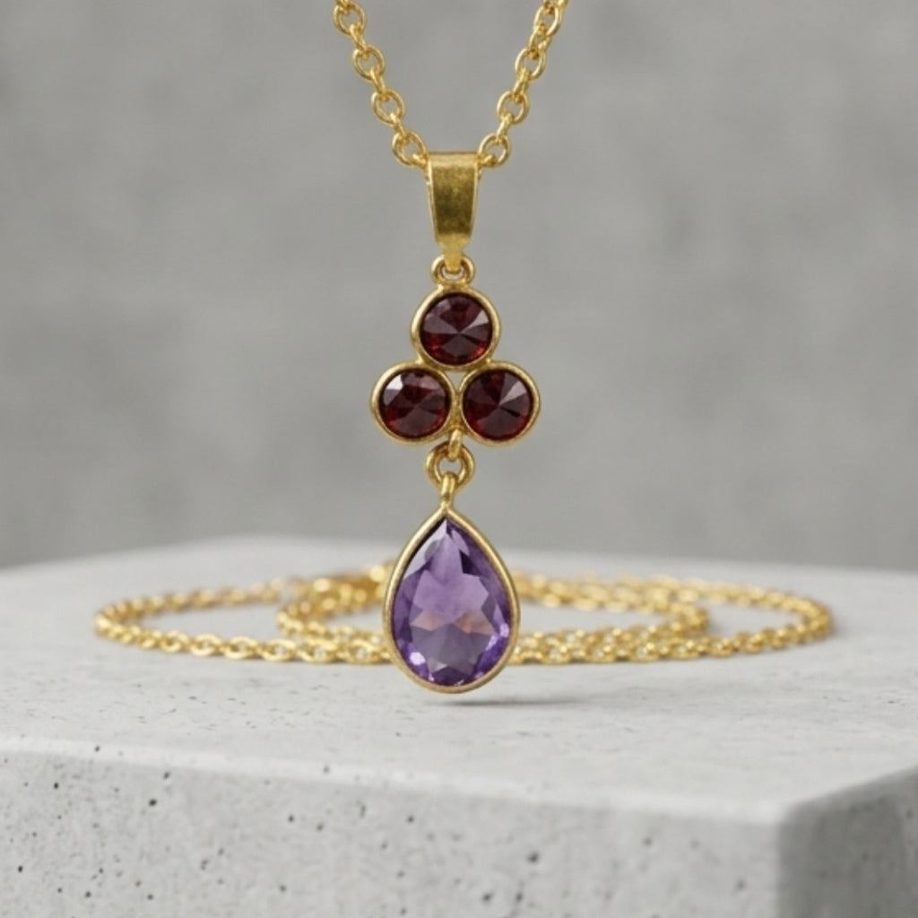 Gold-Tone Delicate Pendant Necklace with Deep Red Crystal Cluster and Amethyst-Hued Teardrop Stone
