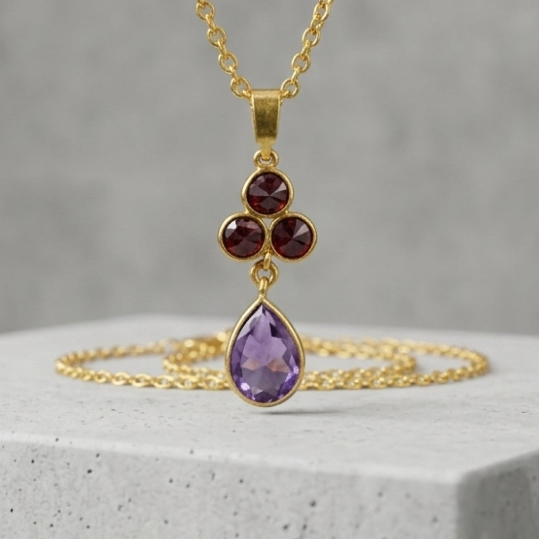 Gold-Tone Delicate Pendant Necklace with Deep Red Crystal Cluster and Amethyst-Hued Teardrop Stone
