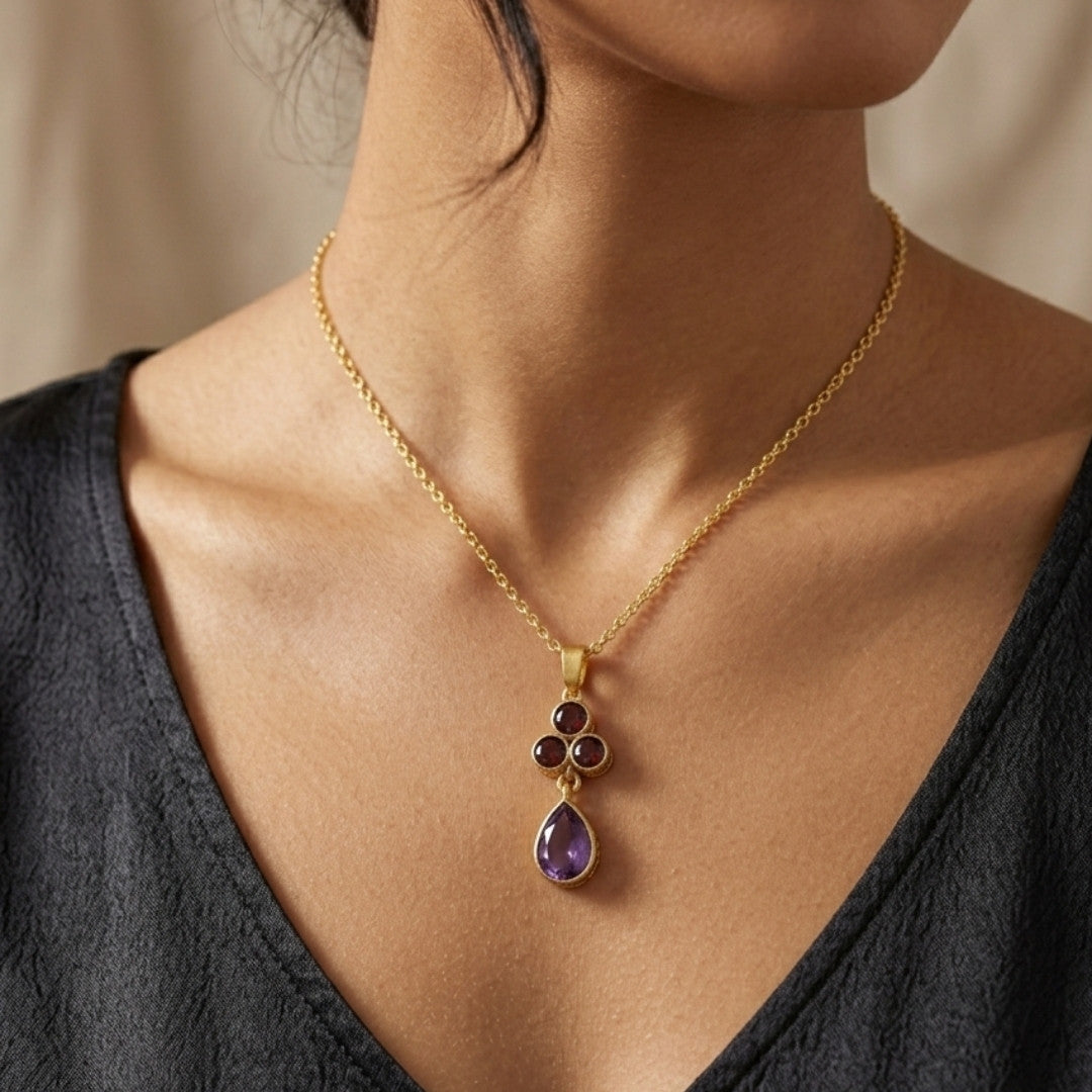 Gold-Tone Delicate Pendant Necklace with Deep Red Crystal Cluster and Amethyst-Hued Teardrop Stone