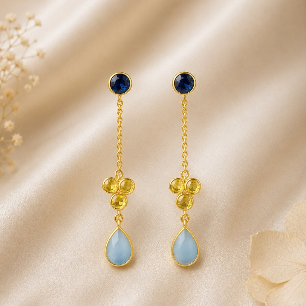 Gold-Tone Drop Earrings with Navy Blue Studs, Yellow Crystal Clusters, and Light Blue Teardrop Accents