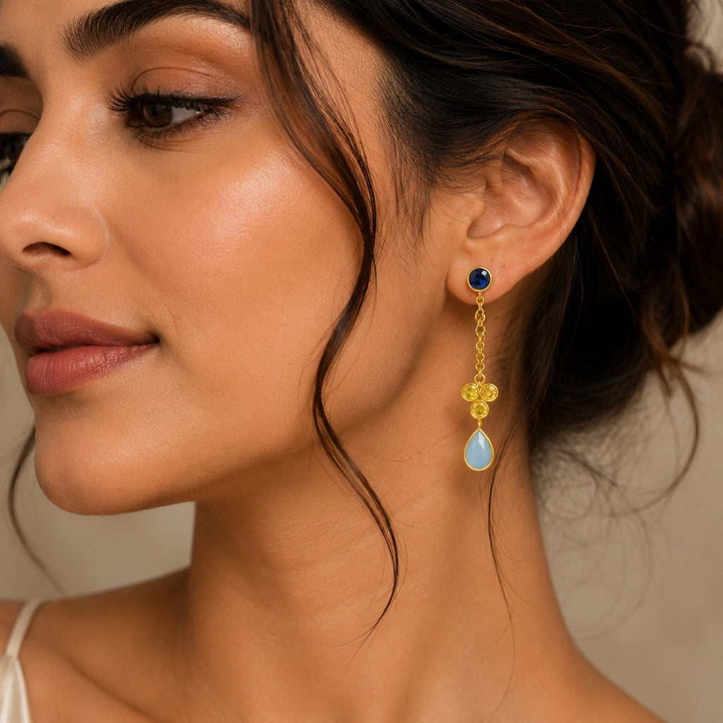 Gold-Tone Drop Earrings with Navy Blue Studs, Yellow Crystal Clusters, and Light Blue Teardrop Accents