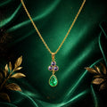 Gold-Tone Delicate Pendant Necklace with Purple Crystal Cluster and Emerald-Green Teardrop Stone