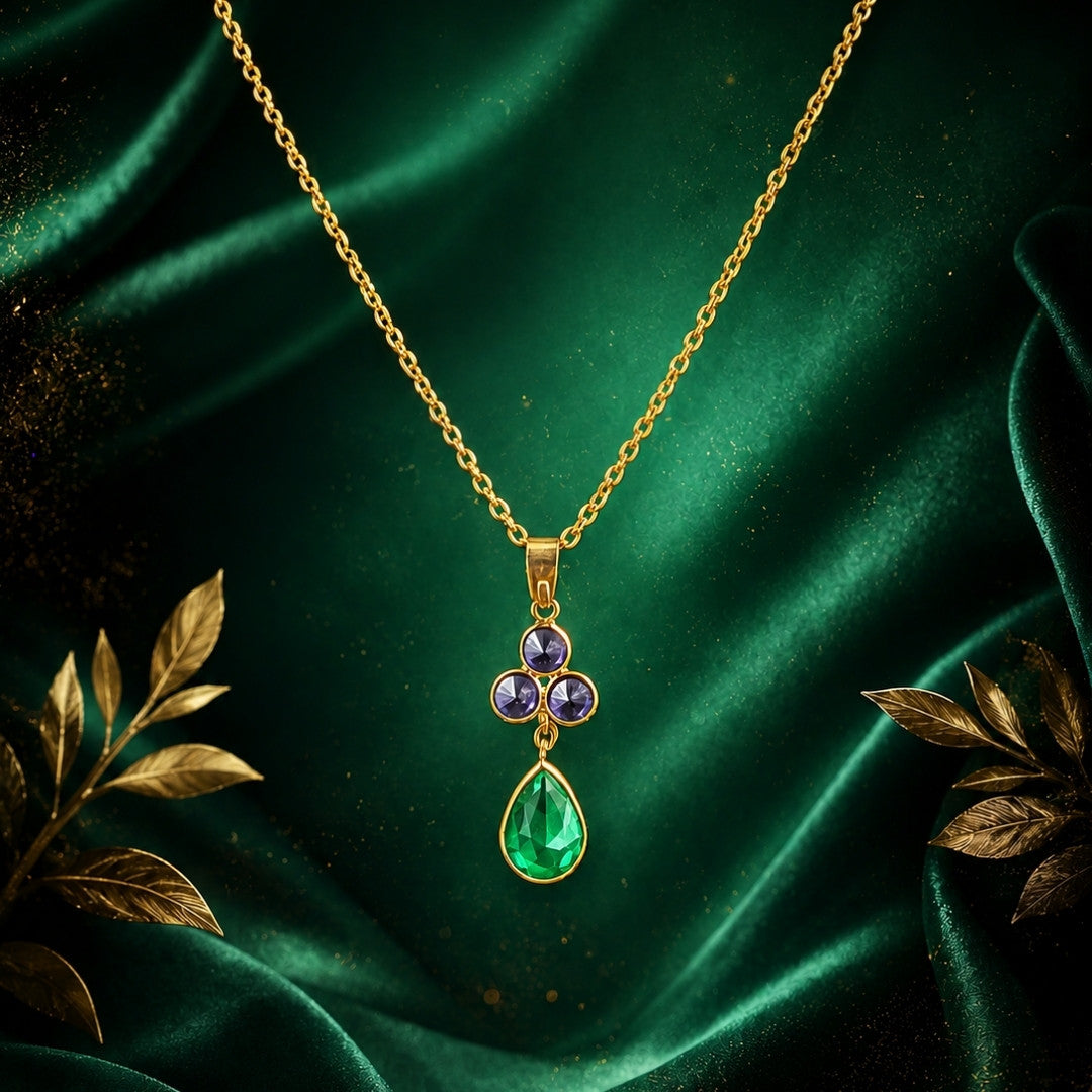 Gold-Tone Delicate Pendant Necklace with Purple Crystal Cluster and Emerald-Green Teardrop Stone