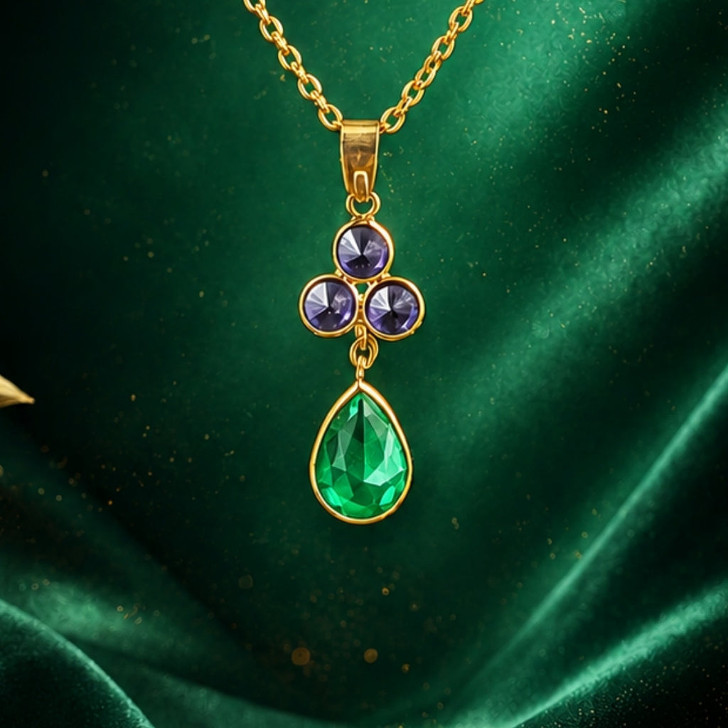 Gold-Tone Delicate Pendant Necklace with Purple Crystal Cluster and Emerald-Green Teardrop Stone