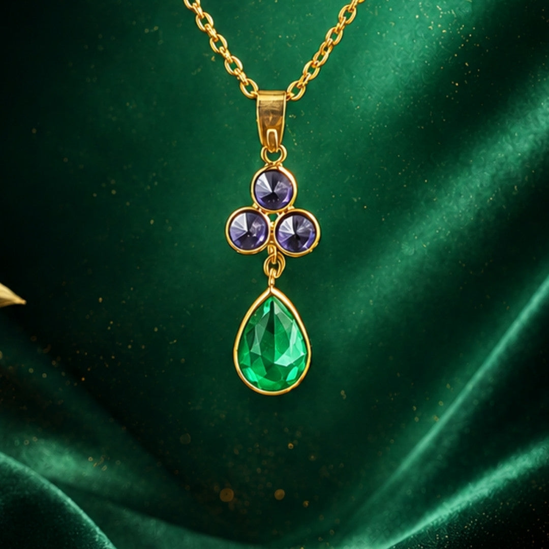Gold-Tone Delicate Pendant Necklace with Purple Crystal Cluster and Emerald-Green Teardrop Stone