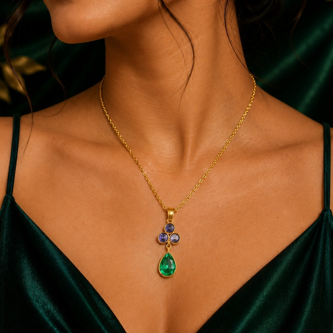 Gold-Tone Delicate Pendant Necklace with Purple Crystal Cluster and Emerald-Green Teardrop Stone