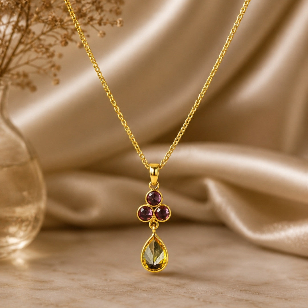 Gold-Tone Delicate Pendant Necklace with Purple Crystal Cluster and Golden-Yellow Teardrop Stone