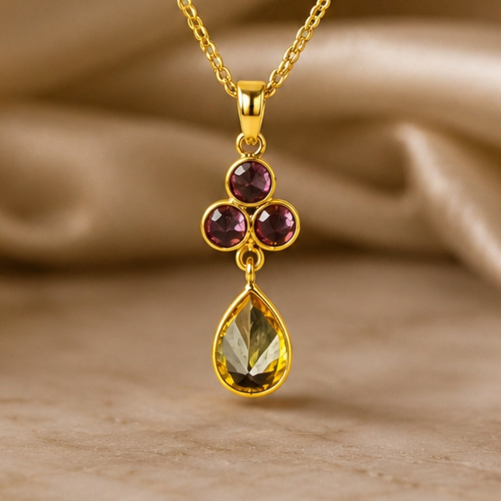 Gold-Tone Delicate Pendant Necklace with Purple Crystal Cluster and Golden-Yellow Teardrop Stone