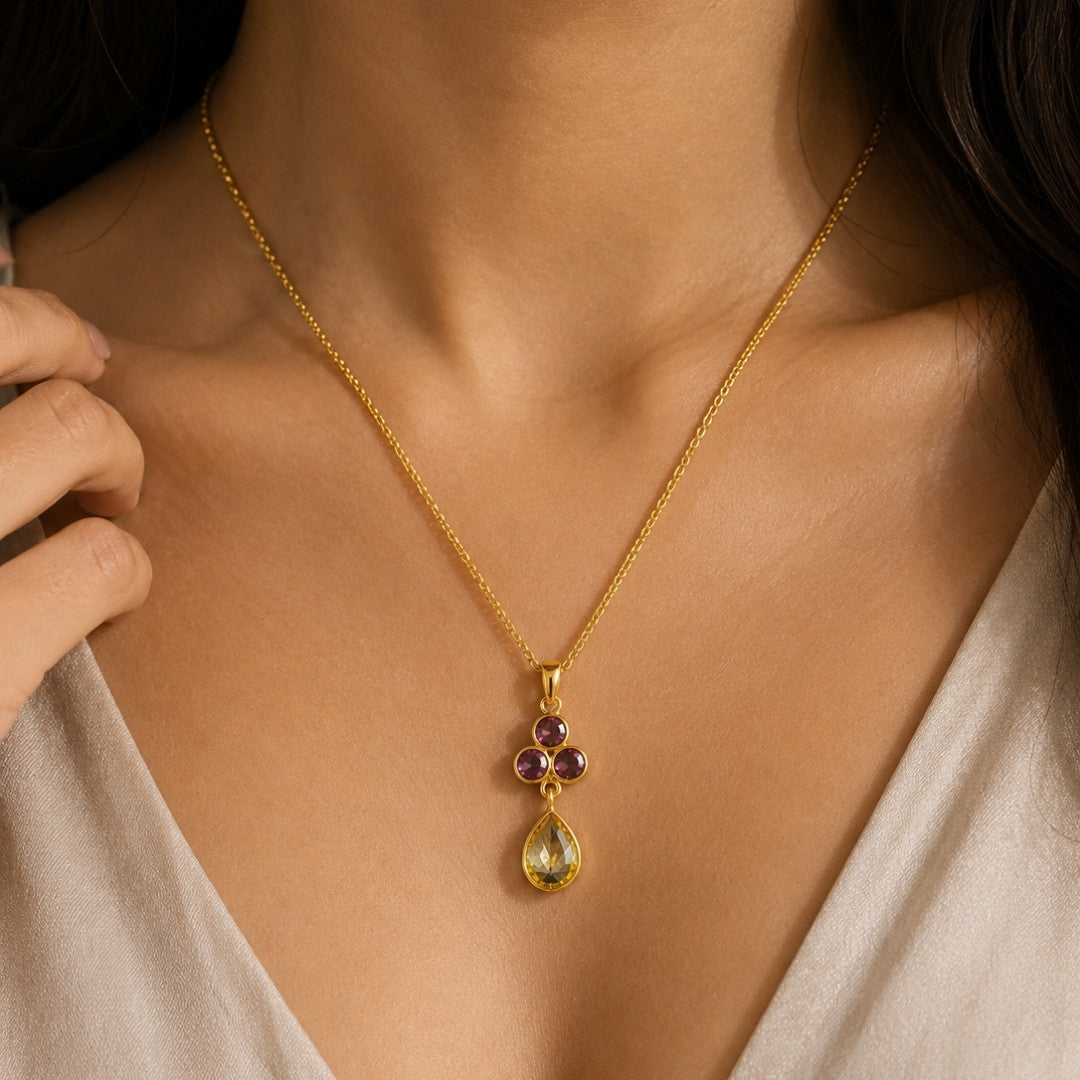 Gold-Tone Delicate Pendant Necklace with Purple Crystal Cluster and Golden-Yellow Teardrop Stone