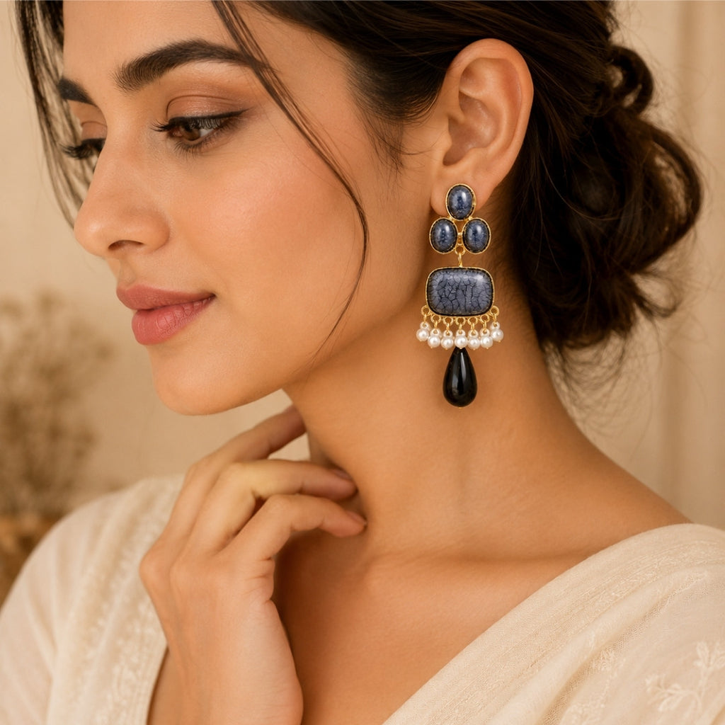Handcrafted Gold-Tone Statement Earrings with Ivory & Midnight Blue Crackle Stones and Pearl Tassel Drops
