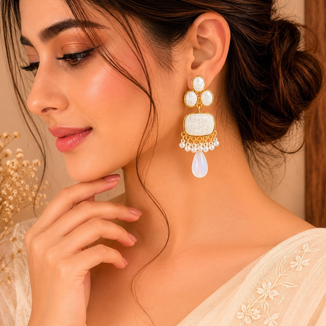 Handcrafted Gold-Tone Statement Earrings with Ivory & Midnight Blue Crackle Stones and Pearl Tassel Drops