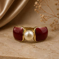 Gold-Tone Statement Cuff Bracelet with Deep Red Accents and Central Pearl