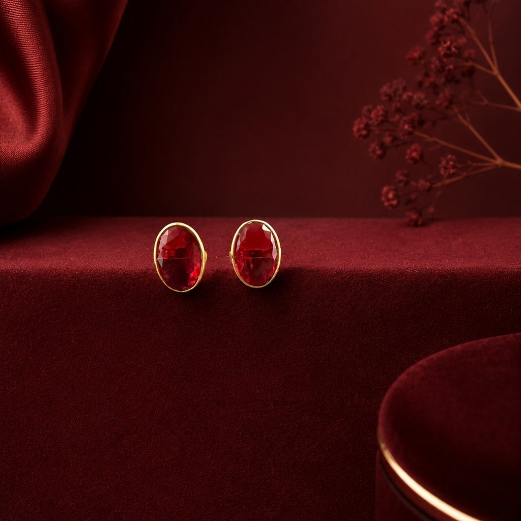 Classic Gold-Tone Oval Red Crystal Stud Earrings – Minimalist Everyday Jewelry