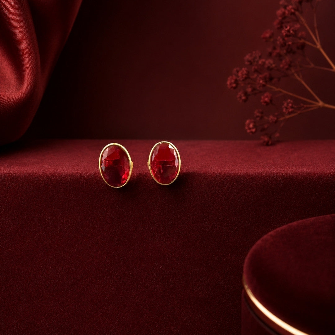Classic Gold-Tone Oval Red Crystal Stud Earrings – Minimalist Everyday Jewelry