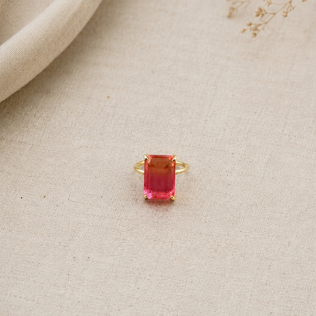 Radiant Pink and Orange Gradient Statement Ring – Gold-Tone Emerald-Cut Cocktail Ring