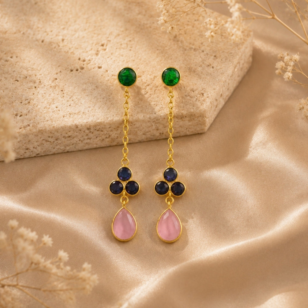 Elegant Gold-Tone Drop Earrings with Emerald-Green Studs, Deep Blue Accents, and Soft Pink Teardrops