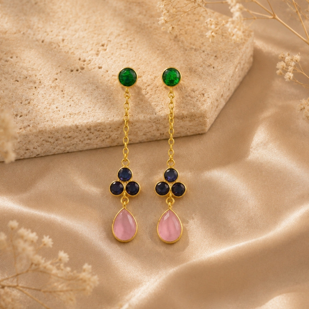 Elegant Gold-Tone Drop Earrings with Emerald-Green Studs, Deep Blue Accents, and Soft Pink Teardrops