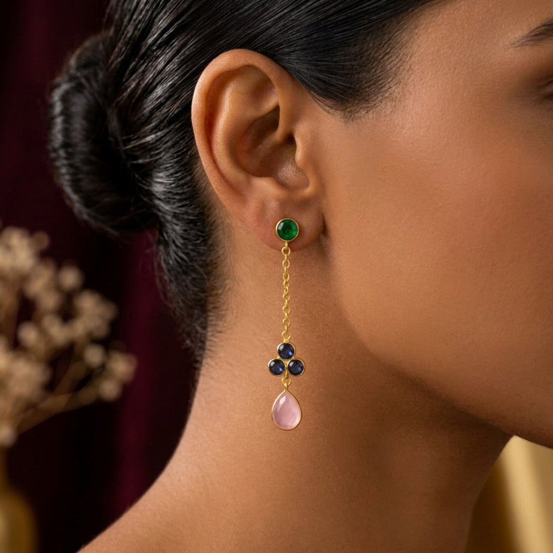 Elegant Gold-Tone Drop Earrings with Emerald-Green Studs, Deep Blue Accents, and Soft Pink Teardrops