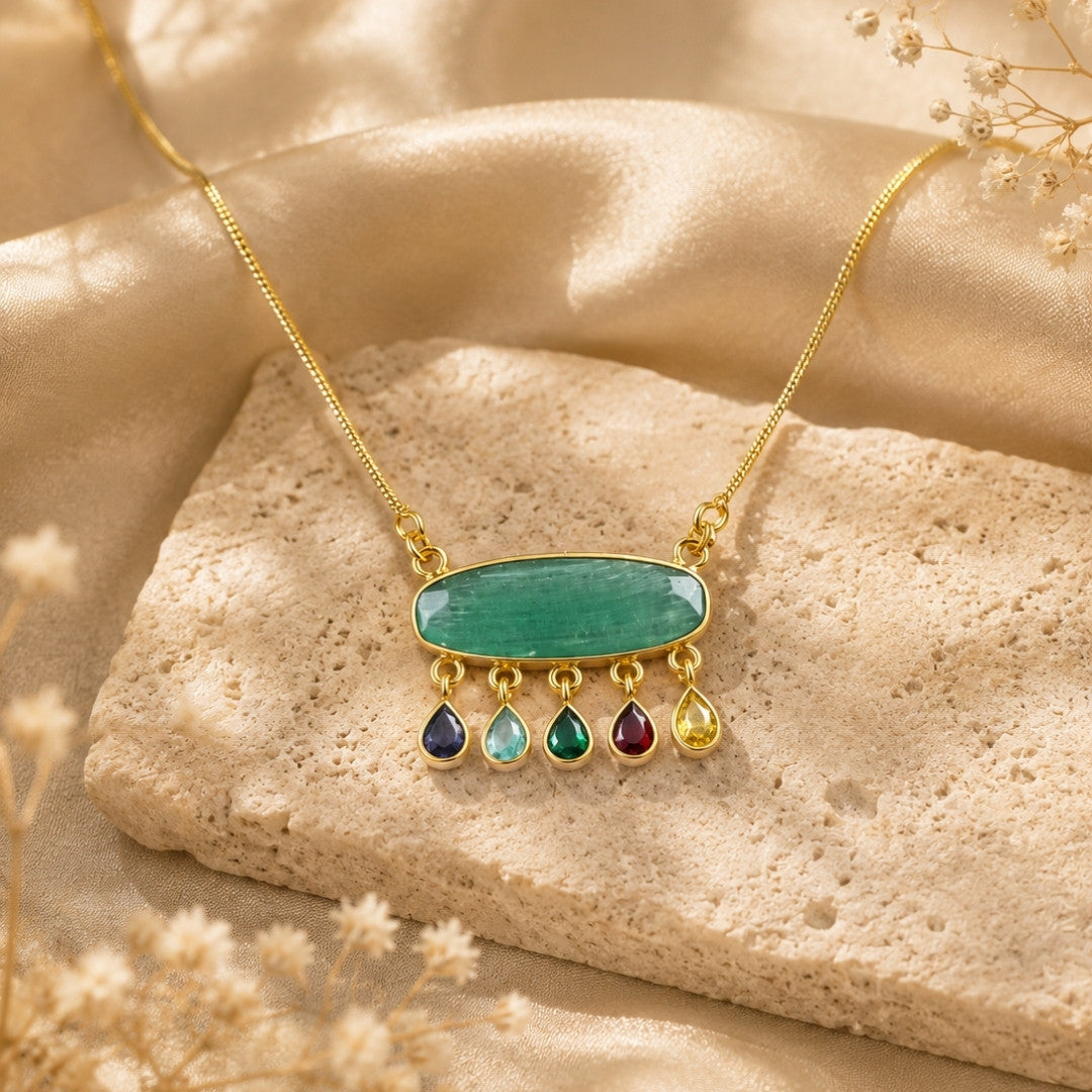 Artisan Gold-Tone Necklace with Oval Green Centerpiece and Multi-Color Teardrop Dangles – Statement Jewelry