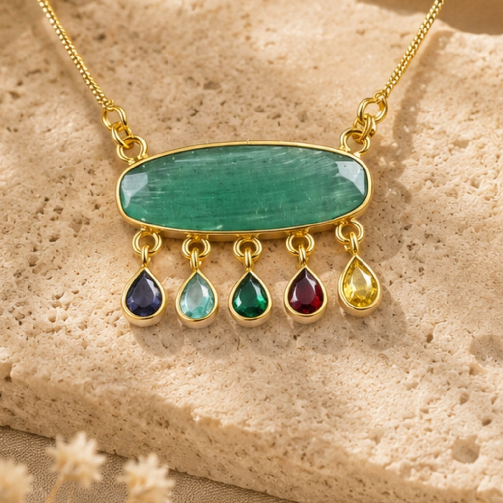 Artisan Gold-Tone Necklace with Oval Green Centerpiece and Multi-Color Teardrop Dangles – Statement Jewelry