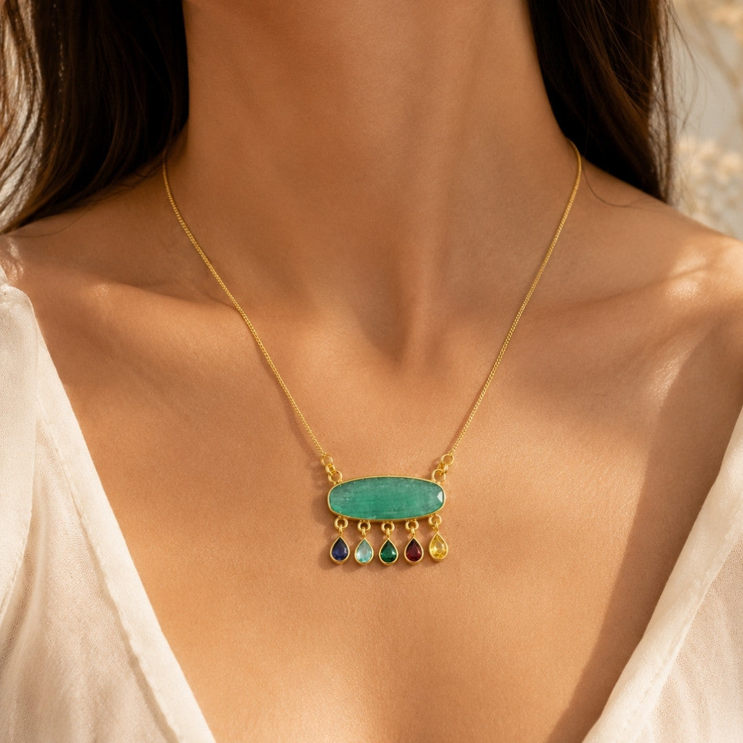 Artisan Gold-Tone Necklace with Oval Green Centerpiece and Multi-Color Teardrop Dangles – Statement Jewelry