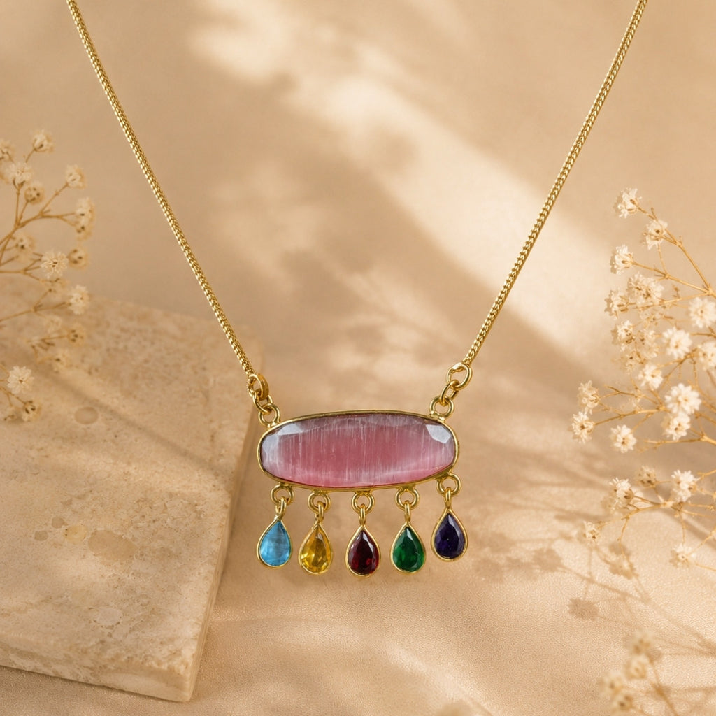 Artisan Gold-Tone Necklace with Oval Pink Centerpiece and Multi-Color Teardrop Dangles – Statement Jewelry