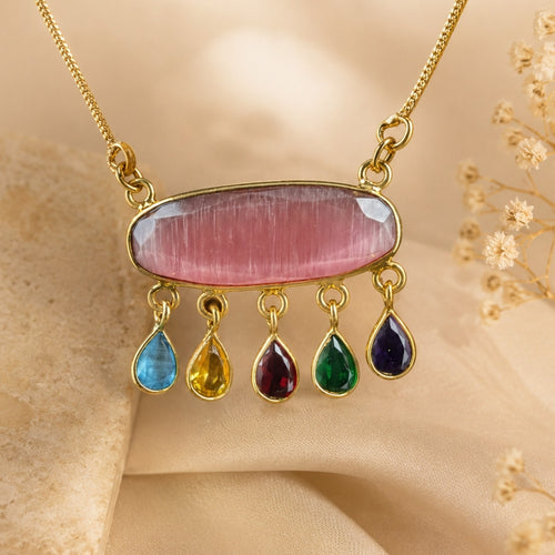 Artisan Gold-Tone Necklace with Oval Pink Centerpiece and Multi-Color Teardrop Dangles – Statement Jewelry