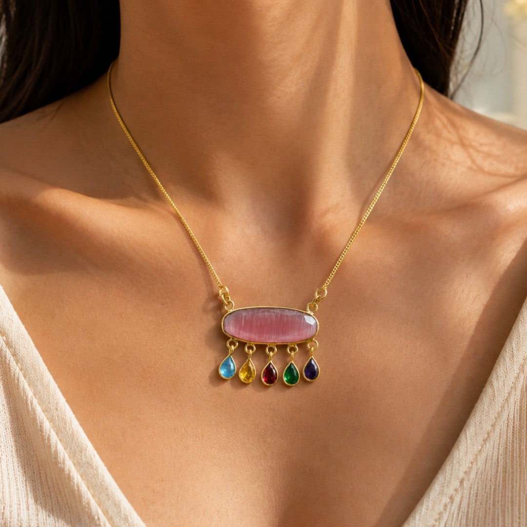 Artisan Gold-Tone Necklace with Oval Pink Centerpiece and Multi-Color Teardrop Dangles – Statement Jewelry