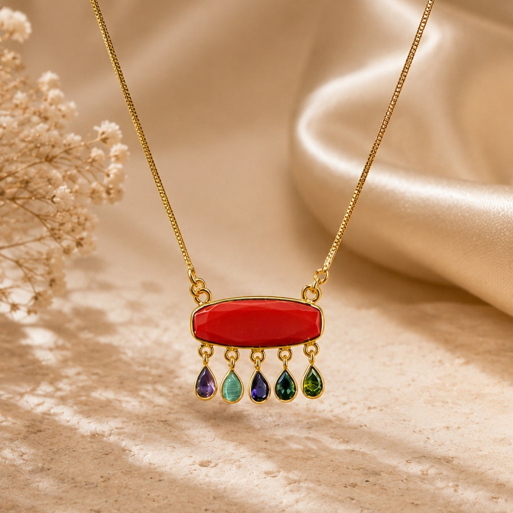 Gold-Tone Statement Necklace with Red Oval Stone and Multi-Color Dangle Accents