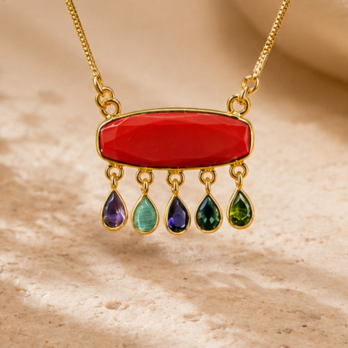 Artisan Gold-Tone Necklace with Oval Red Centerpiece and Multi-Color Teardrop Dangles – Statement Jewelry