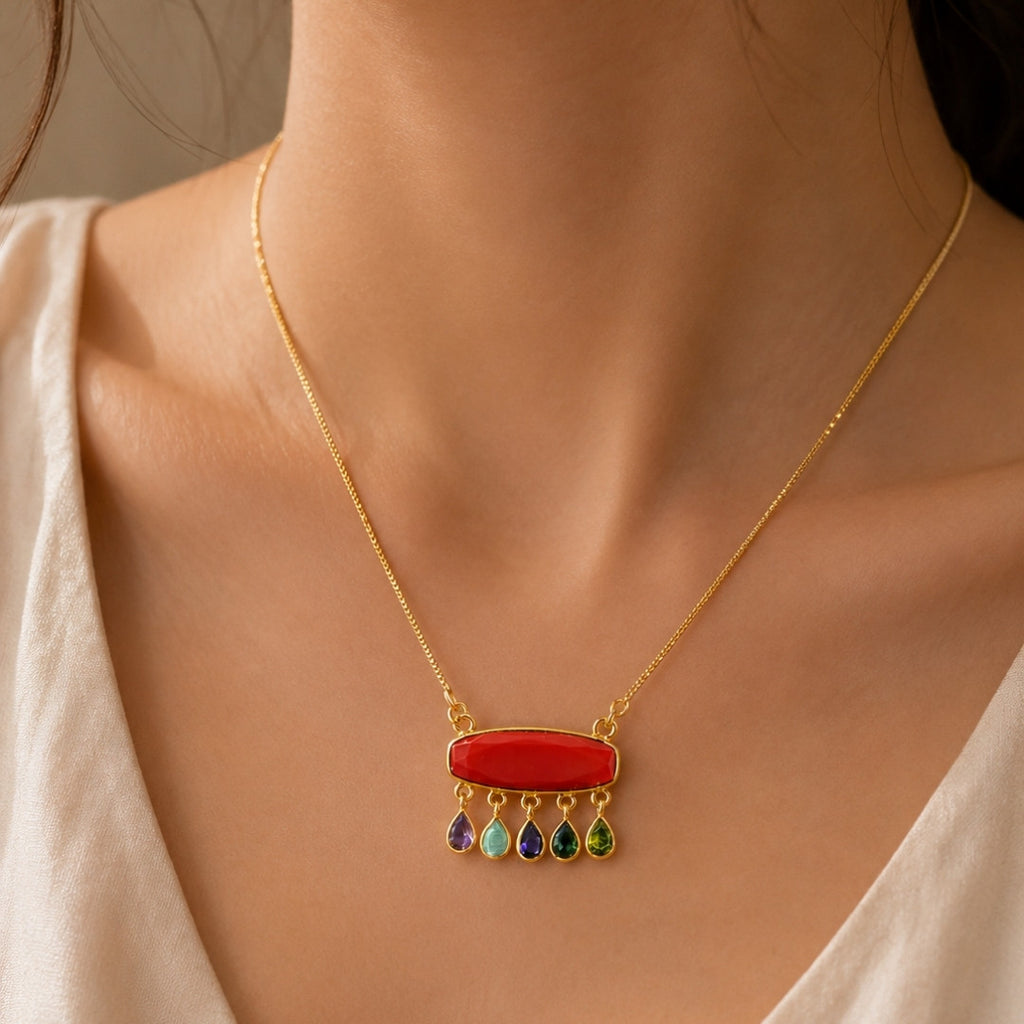 Gold-Tone Statement Necklace with Red Oval Stone and Multi-Color Dangle Accents