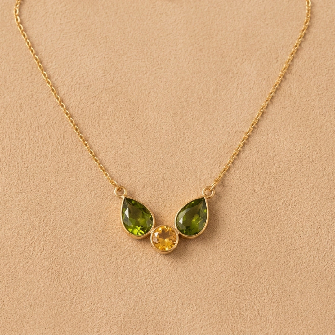 Elegant Gemstone Trio Necklace – Pear-Cut Green & Round Yellow Pendant