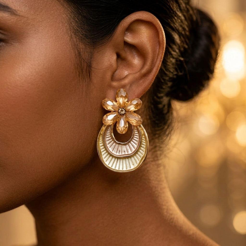 Golden Petal Statement Earrings – Textured Hoop & Crystal Floral Drop