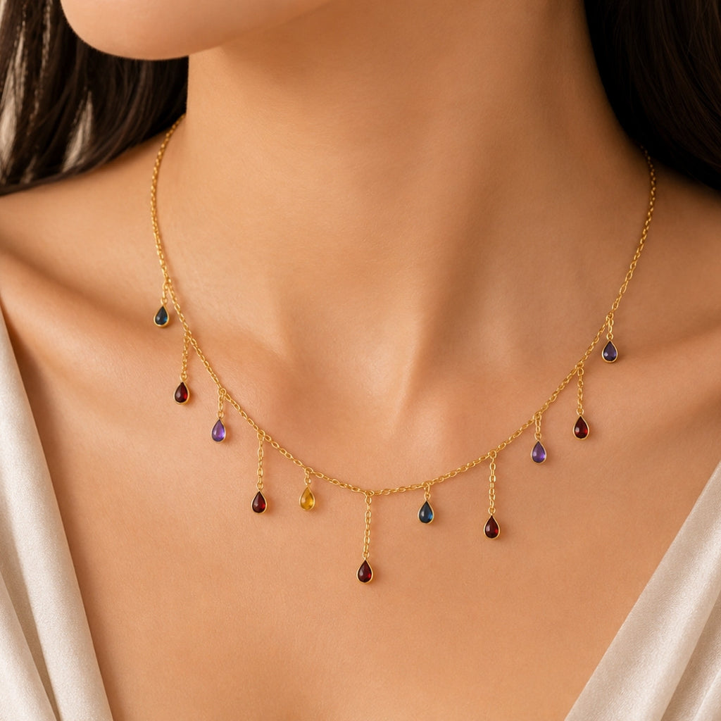 Multicolor Crystal Charm Necklace for Women | Gold-Tone Layered Drop Necklace