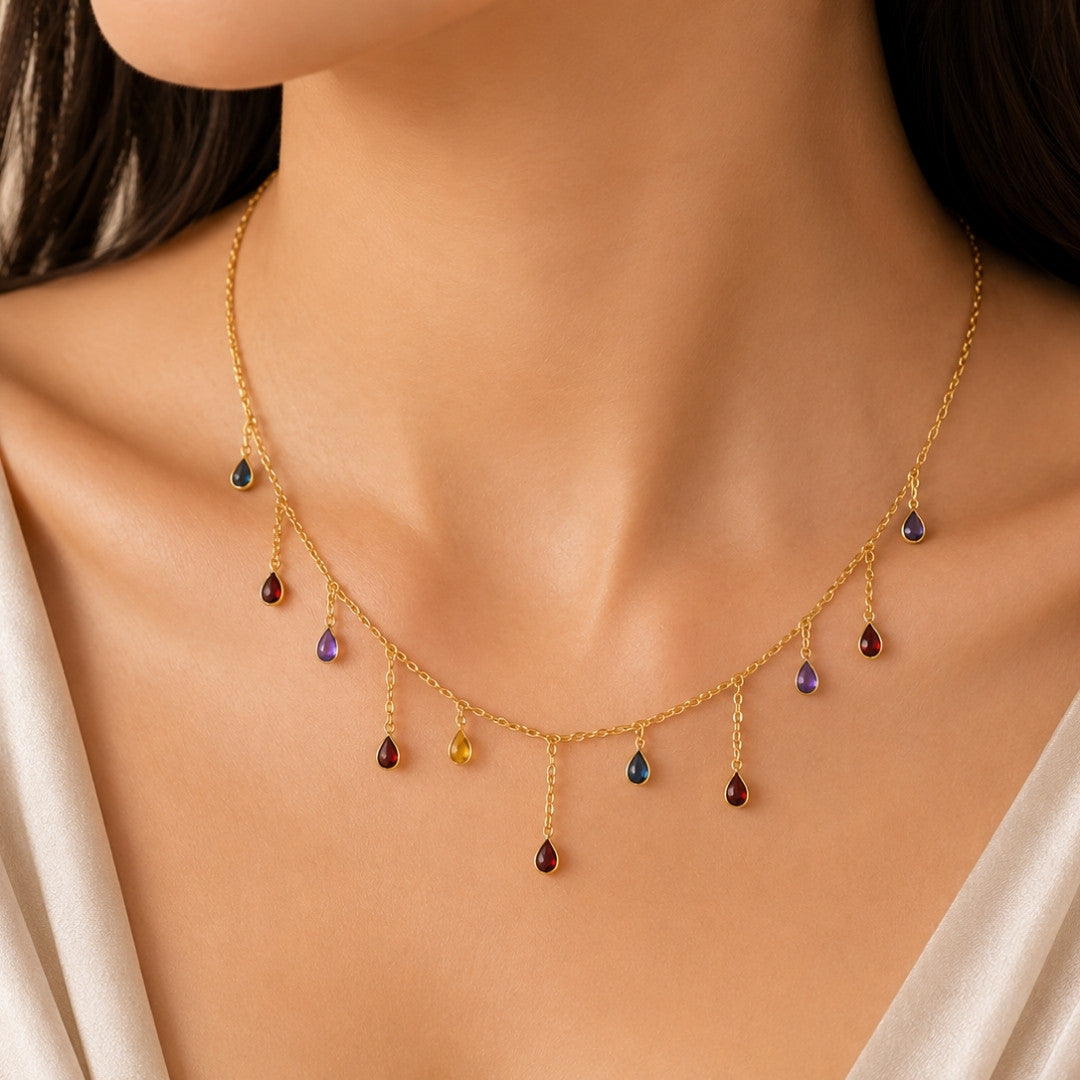 Multicolor Crystal Charm Necklace for Women | Gold-Tone Layered Drop Necklace