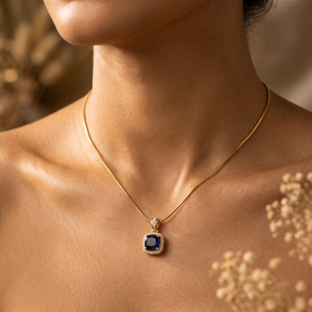 Royal BlACK Cushion-Cut Halo Pendant Necklace in Gold Tone