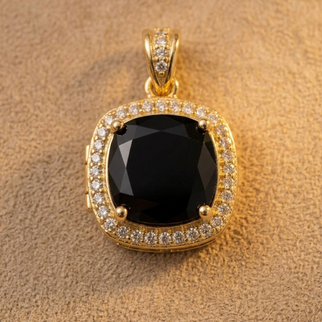 Royal BlACK Cushion-Cut Halo Pendant Necklace in Gold Tone