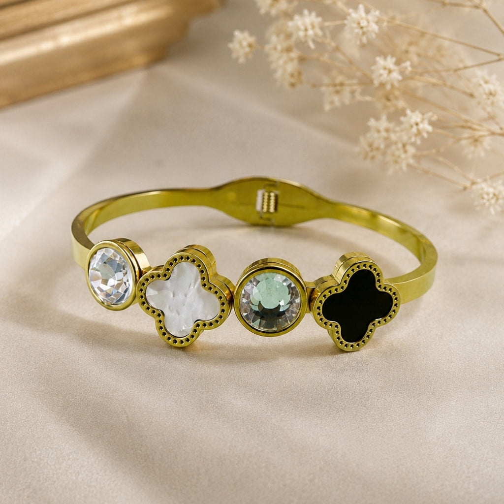 Enchanted Clover & Crystal Hinged Bangle – Multi-Stone Gold-Tone Statement Bracelet
