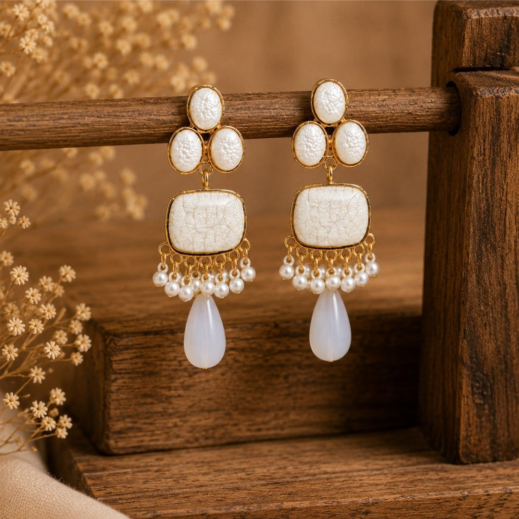 Handcrafted Gold-Tone Statement Earrings with Ivory & Midnight Blue Crackle Stones and Pearl Tassel Drops