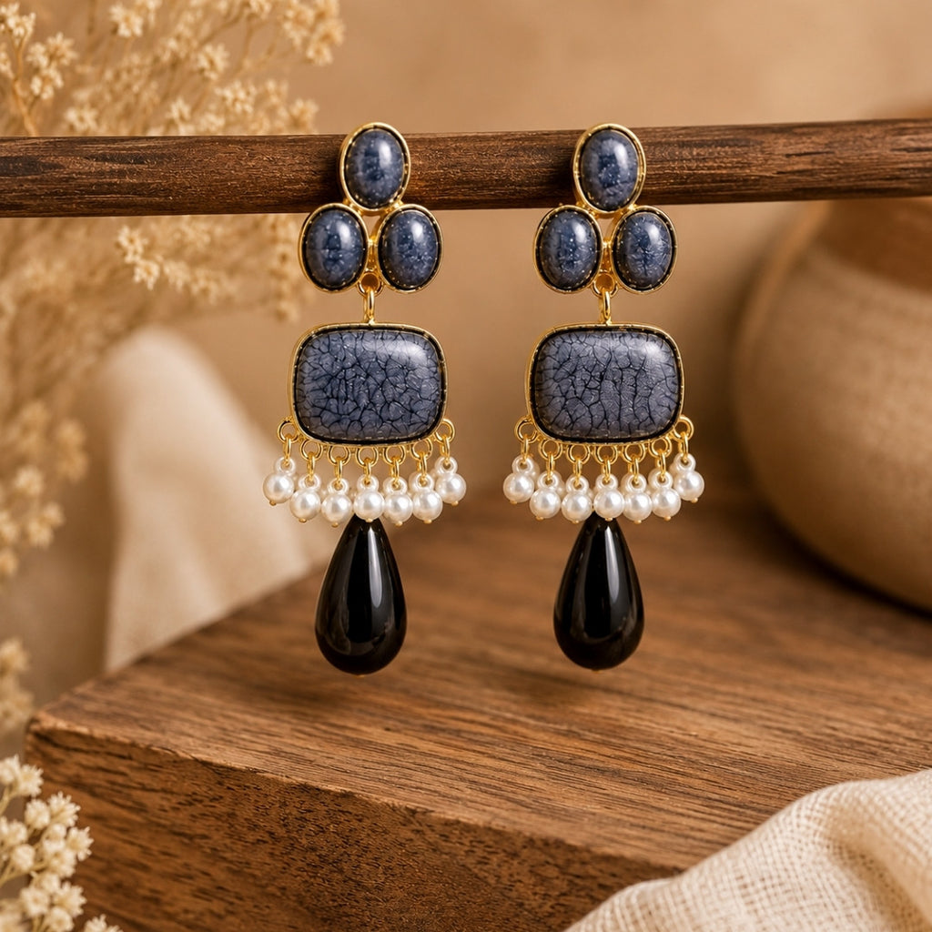 Handcrafted Gold-Tone Statement Earrings with Ivory & Midnight Blue Crackle Stones and Pearl Tassel Drops