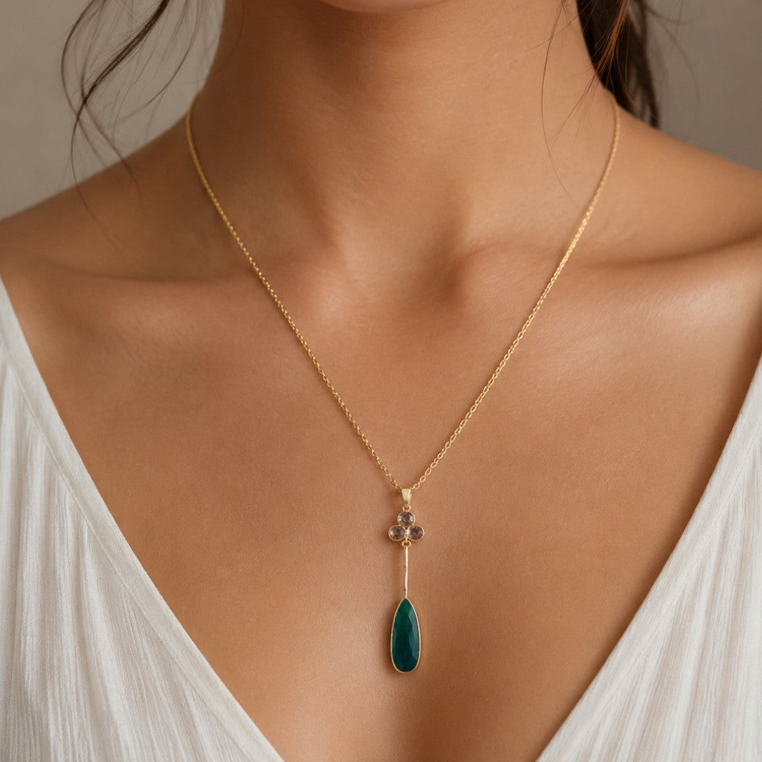 Emerald Teardrop Pendant Necklace with Delicate Floral Accent