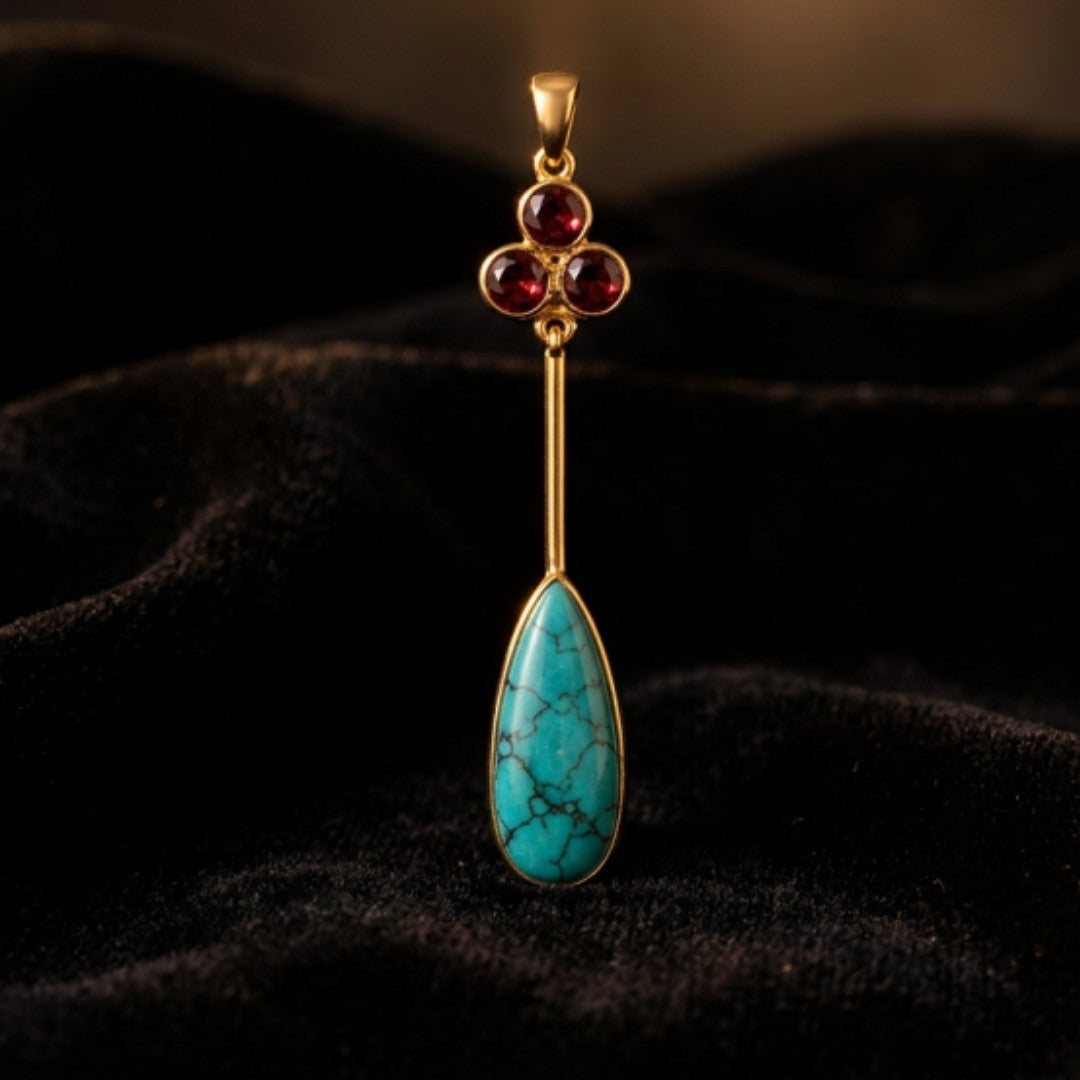 Turquoise & Ruby Pendant Necklace – Gold-Tone Vintage Gemstone Drop Necklace for Women