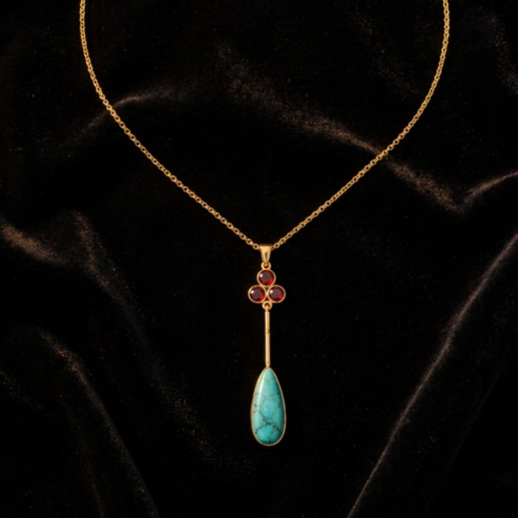 Turquoise & Ruby Pendant Necklace – Gold-Tone Vintage Gemstone Drop Necklace for Women