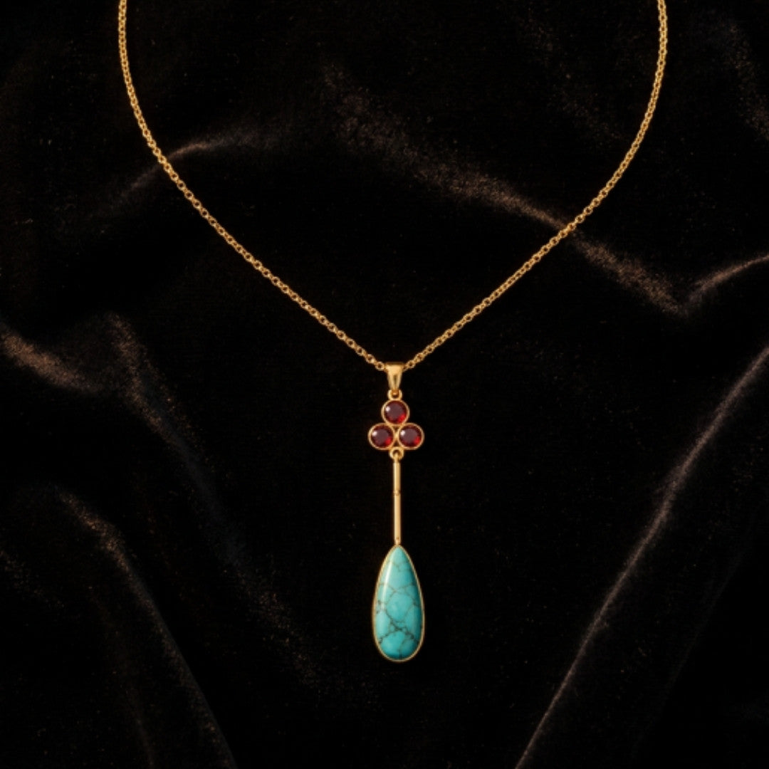 Turquoise & Ruby Pendant Necklace – Gold-Tone Vintage Gemstone Drop Necklace for Women