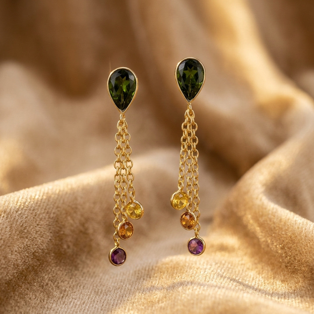 Forest Glow Tassel Drop Earrings | Green Gemstone Statement Earrings